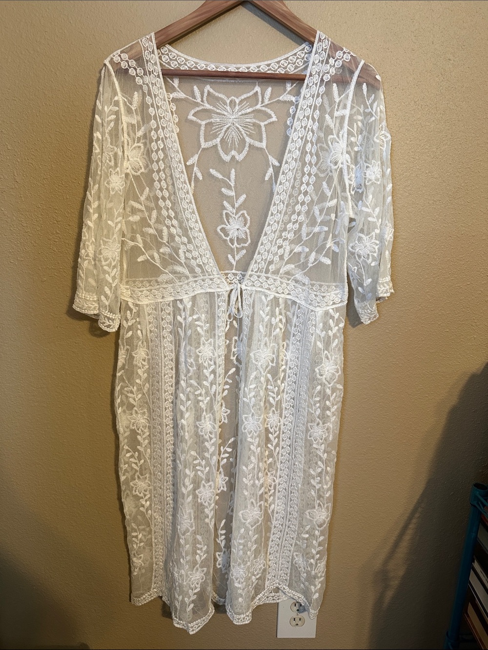 White Embroidered Lace Sheer Swim Coverup, Lace Duster